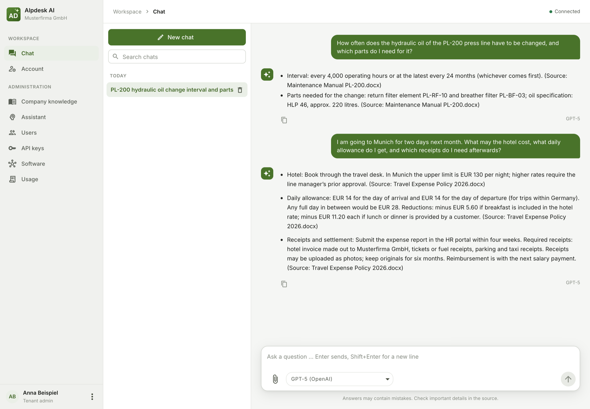 The chat answering from the company's documents